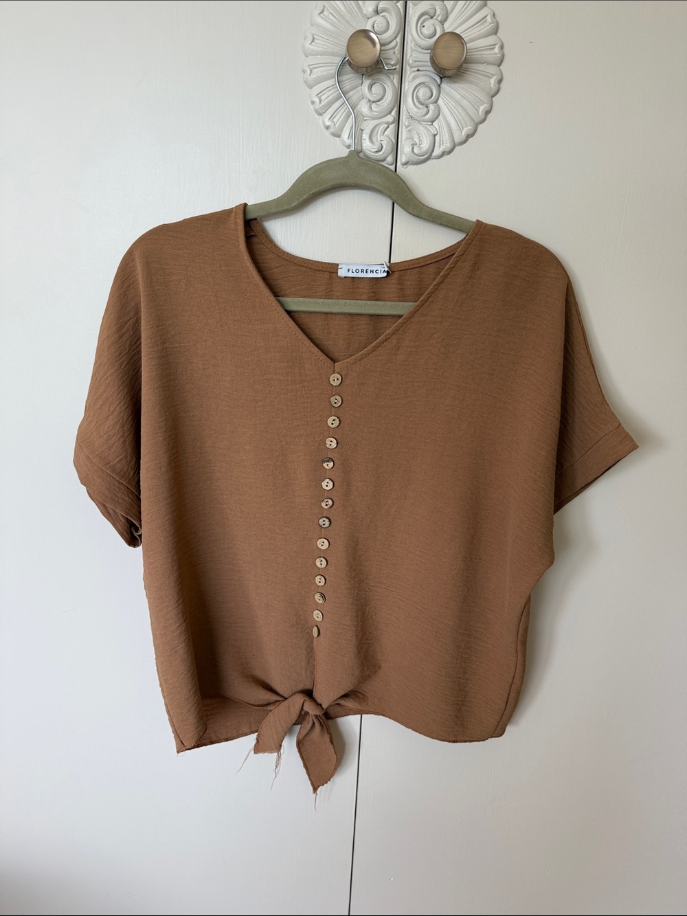 Brown Tie-Front Button V-Neck Top